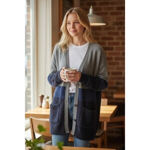 TIBI Cardigan Grandpa Sweater Womens Small Gray Blue Knit Pockets Button Front